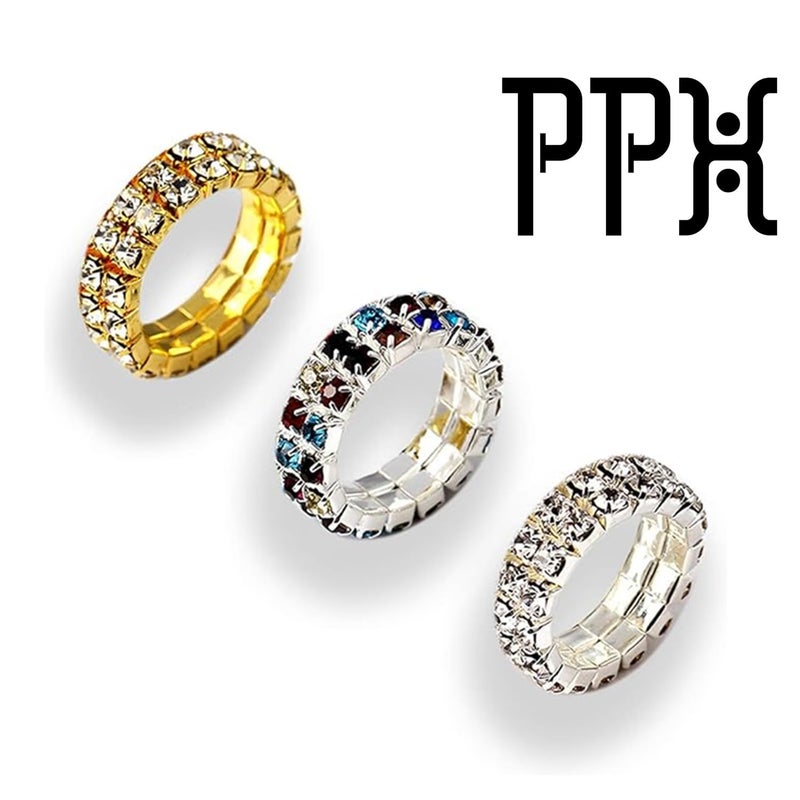PPX 6 Pcs Rhinestone 1 Rows Crystals Inlaid Paved Jewelry Stretch Elastic Finger Ring for Women -Gold,Silver, Colorful - Image 2
